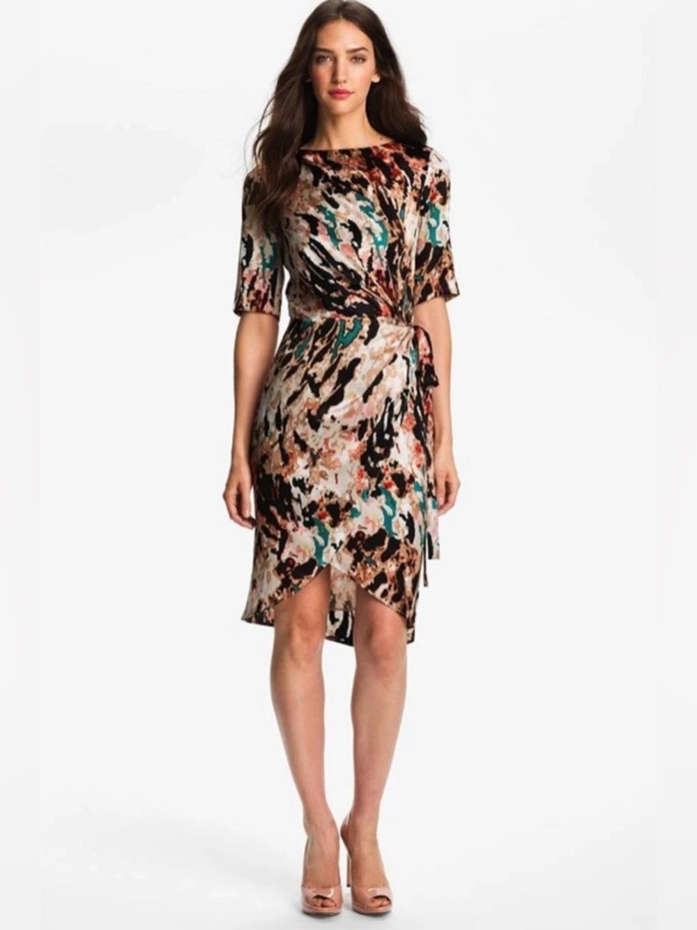 Rachel Roy Silk Wrap Dress Black Multi Fragmented Landscape Print Size 2 Office